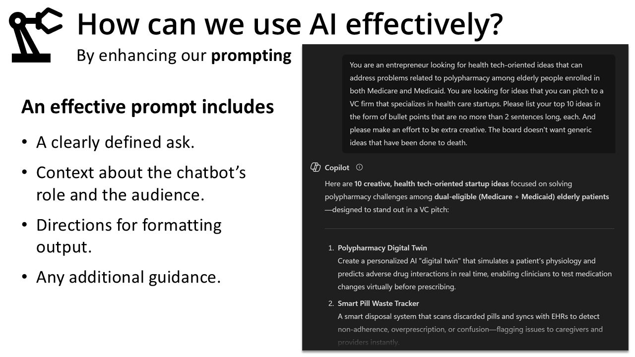 A screenshot of a slide titled "How can we use AI effectively?" On the right side, there is a screenshot of a conversation with Microsoft Copilot. On the left side, there is guidance for effective prompting: a clearly defined ask; context about the chatbot's role and the audience; directions for formatting output; any additional guidance.