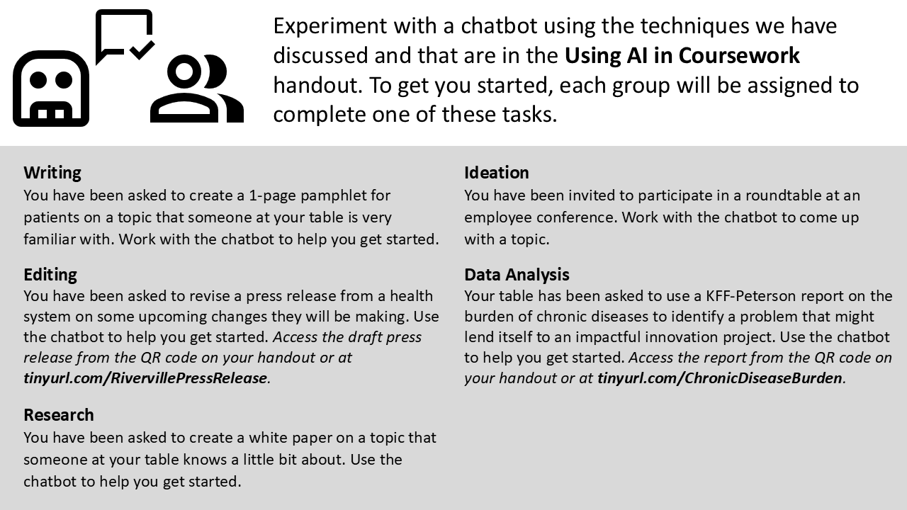 A slide directing students to work in groups on using generative AI to complete tasks like the ones they might be assigned in class. Groups are given the choice to work on tasks related to writing, editing, research, ideation, or data analysis.