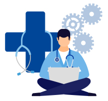 Illustration of physician, laptop, and cogs
