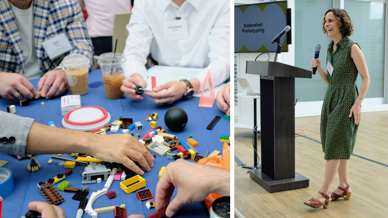 "This is a grid of 2 pictures. On the left side, students' hands reach into the middle of a table to pick up Lego blocks; on the right side, Maya Greenshpan laughs as she explains embodied prototyping."