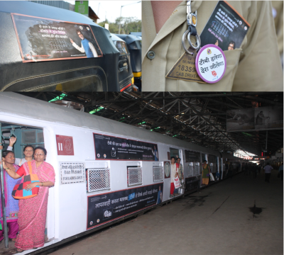 Examples of campaign pins and bus and train ads